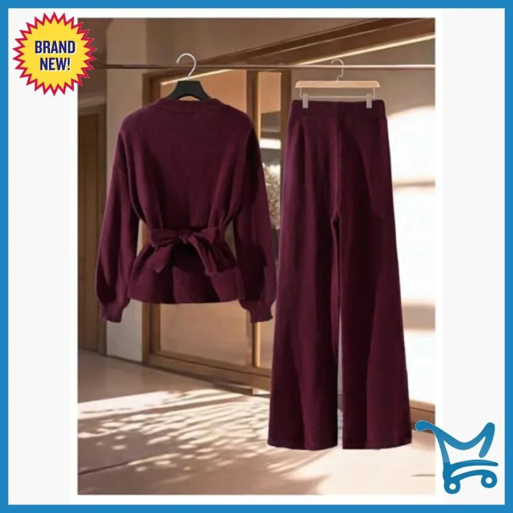 Long Sleeve Knit Wrap Cardigan and Wide Leg Pants Set, Regular Fit